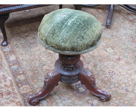 CARVED MAHOGANY TRIPOD REVOLVING PIANO STOOL 