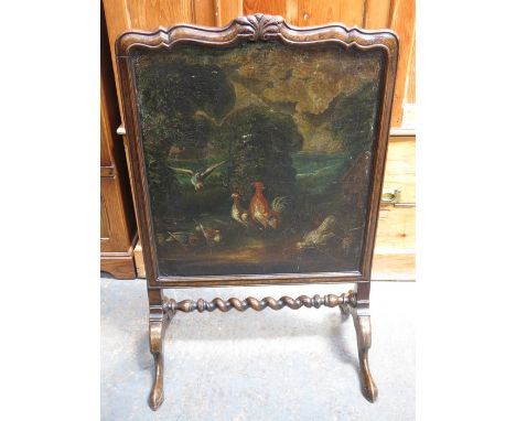 ANTIQUE BARLEY TWIST FIRESCREEN WITH PAINTED SCENES