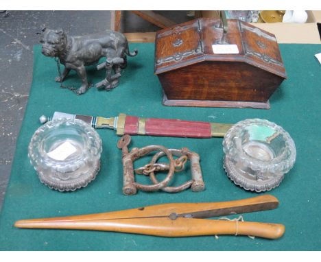 MIXED LOT INCLUDING OAK BOX, CAST IRON DOG, TRIBAL DAGGER AND GLOVES STRETCHERS
