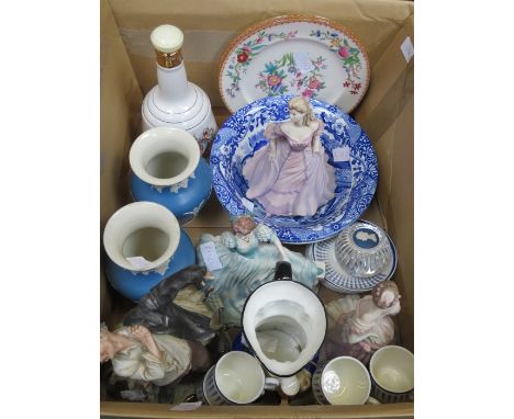 BOX OF SUNDRIES INCLUDING FIGURES, VASES, BOWLS, COFFEE CUPS AND SAUCERS, ETC. 