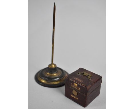 A Small Travelling Vesta by T Varty of London, together with a Vintage Desk Top Letter Spike 