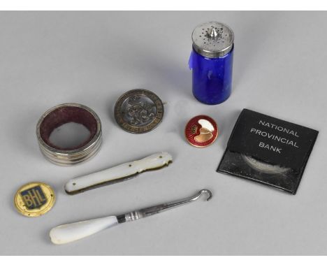 A Collection of Various Curios to Include Services Rendered Badge, Mother of Pearl Handled Miniature Button Hook, Wine Bottle