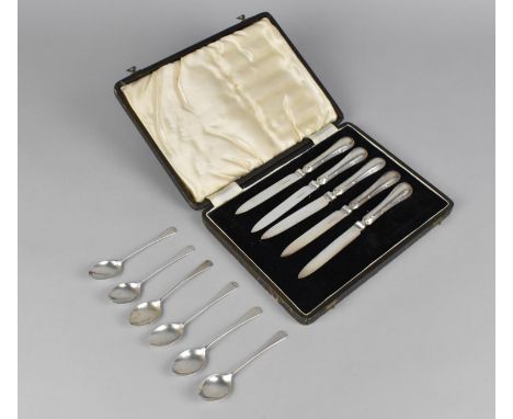 A Cased Set of Silver Handled Fruit Knives, Sheffield Hallmark (Missing One) Together with a Set of Six Silver Teaspoons, Bir