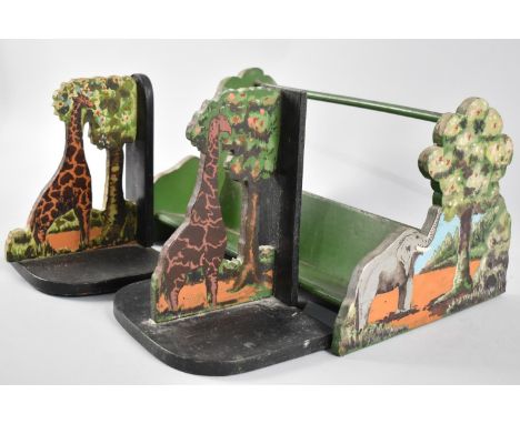 A Handmade and Painted Book Trough with Elephant Decoration together with Pair of Giraffe Bookends 