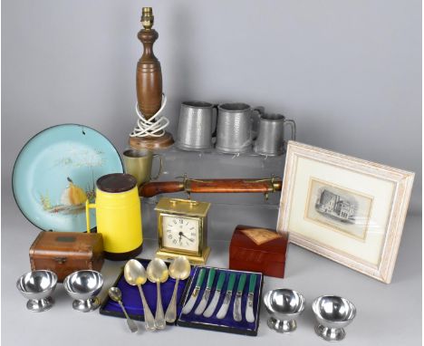 A Collection of Various Items to Comprise Pewter Tankards, Wooden Lamp Base, Wooden Cased Carving Set etc 