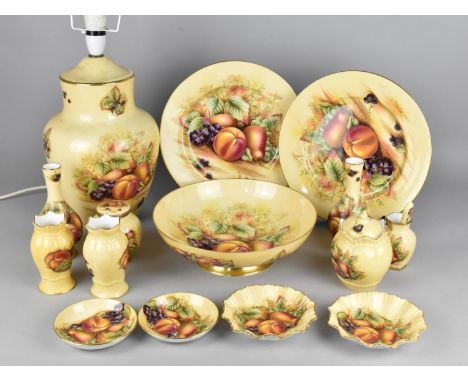 A Collection of Aynsley Orchard Gold to Comprise Table Lamp Base, Large Bowl, Two Plates, Two Pairs of Vases, Lidded Pot, Glo