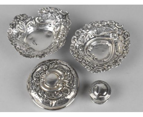 A Pair of Silver Pierced Heart Shaped Dishes (Both AF) Together with Two Silver Dressing table Pot Lids 