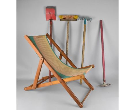 A Child's Vintage Deck Chair Together with a Collection of Children's Garden Tools 