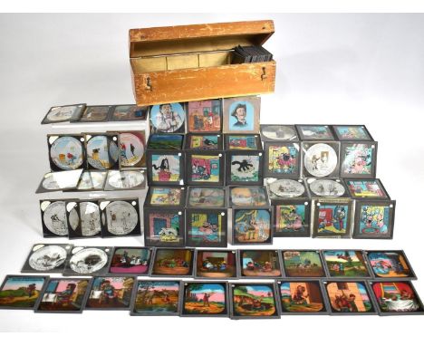 A Vintage Wooden Box Containing Various Magic Lantern Slides to Include Children's Stories, Jack and Giant, Three Little Pigs