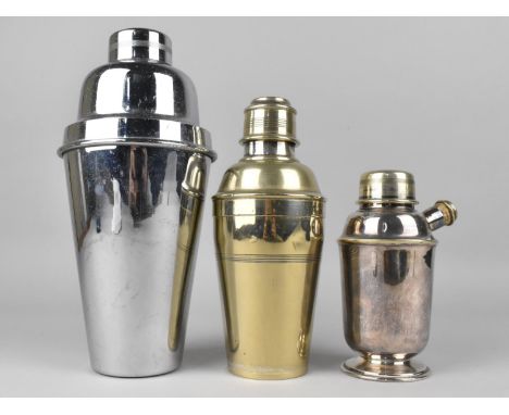 Three Graduated Silver Plated Cocktail Shakers, Tallest 22cms High 