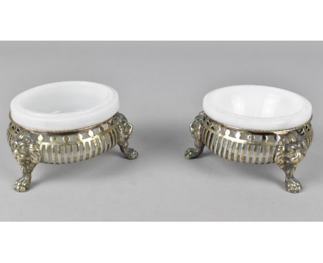 A Pair of Silver Plated Salts with Unrelated Opaque Glass Bowls 