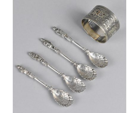 A Set of Four Indian White Metal Spoons with Shell Finials and Figural Finials Together with a Napkin Ring 