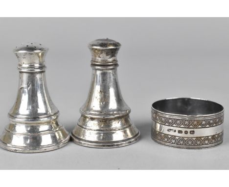 A Pair of Silver Salt and Pepper Shakers Together with a Silver Napkin Ring 