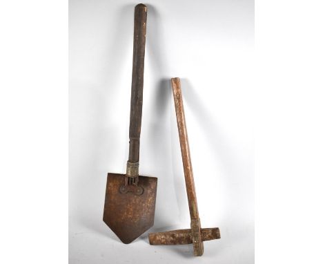 A Vintage Military Trenching Shovel and a Axe with Metal Strap Monogrammed TPH1711 