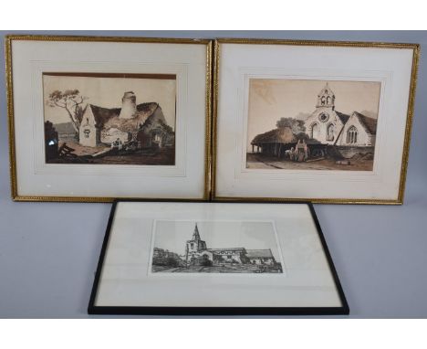 A Pair of Gilt Framed Watercolour Prints, Rural Scenes Together with a Framed Engraving of a Church 