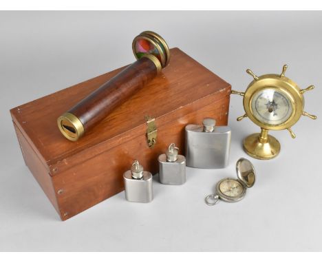 A Mahogany Rectangular Box Containing Hip Flask, Compass, Ships Wheel Barometer, Kaleidoscope Etc 