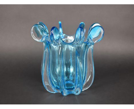 An Art Glass Blue Tone Vase of Shaped Form Having Lappet Finials, 20cm high 