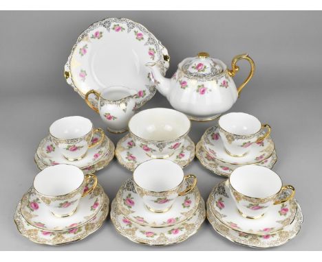 A Roslyn China Rose and Gilt Trim Decorated Tea Set to Comprise Tea Pot, Cake Plate, Six Side Plates, Six Saucers, Five Cups,