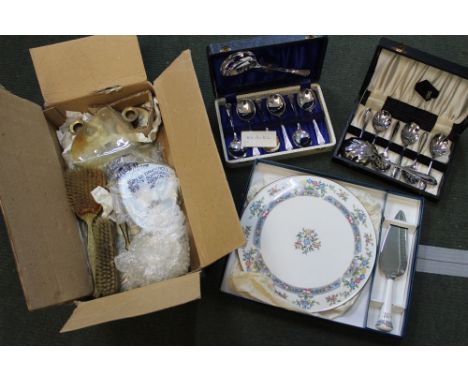 A selection of silver plated spoons with Royal Worcester cake plate and a bedroom dressing table set&nbsp;