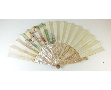 A 19th century mother of pearl fan with painted rococo style decoration, boxed by Geslin, 20 Passage De Princes, Paris (repai