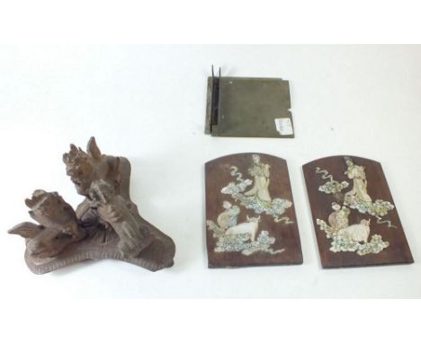 A carved wooden group of three Chinese lions and two Japanese mother of pearl applied small panels