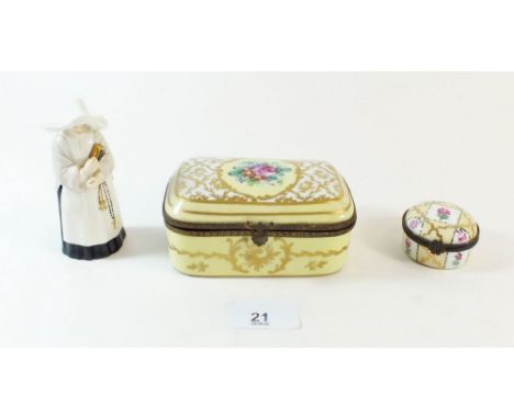 Two French porcelain floral painted trinket boxes and a Royal Worcester Nun candle snuffer chipped 