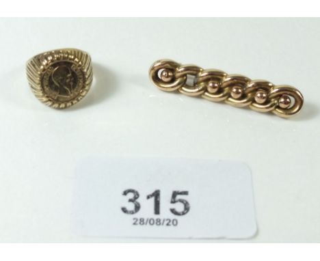 A 9ct gold chain bar brooch and a 9 ct gold coin ring - 4 grams.