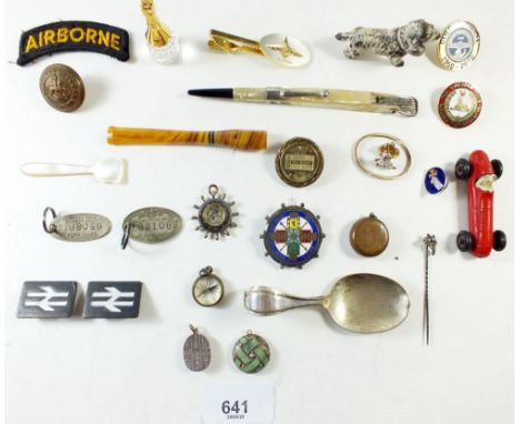 A box of small collectables including compass, fobs etc