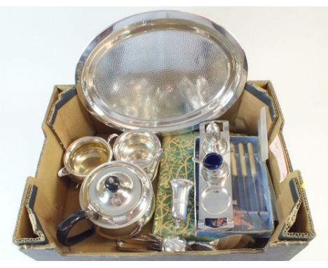 A silver plated tea service, various cutlery, a cruet set and fish cutlery set etc