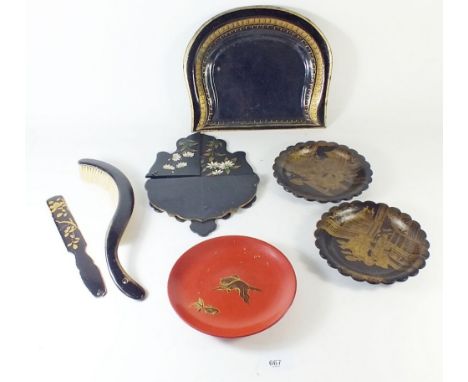 A group of collectable's to include tole ware tray, crumb brush, three lacquered plates, lacquer folding corner ornament shel