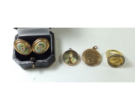 A silver coin ring, two gold plated lockets and a pair of 9 carat floral enamel earrings