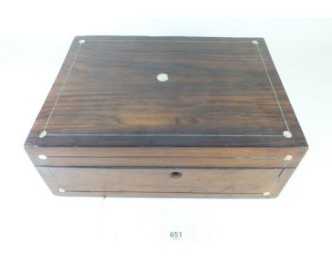 A Victorian rosewood work box with mother of pearl inlay, lacking interior, 30cm wide