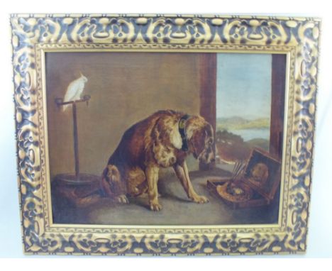A Victorian anthropomorphic oil on canvas scene with dog painting a self portrait watched by a cockatoo on a perch 54 x 41cm 