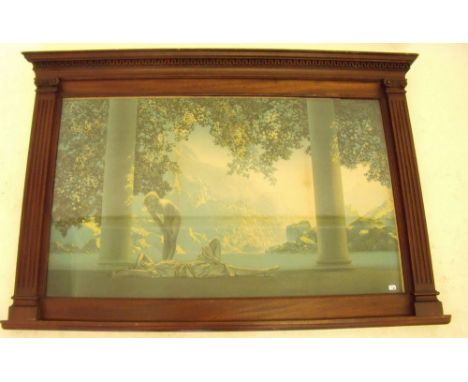 Maxfield Parish - print 'Daybreak' depicting two women with mountain lake back drop, marked 'The House of Art NY', in mahogan