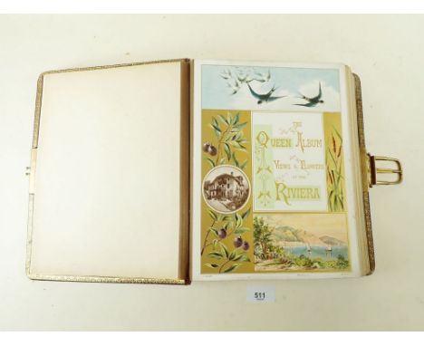 A Victorian photograph album 'The Queen Album Views and Flowers of the Riviera' and contents of portrait photographs