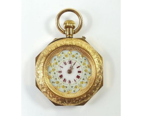 An 18 carat gold Swiss fob watch with gilt and enamel decoration to face and all over engraved case, by Dimier Freres and Cie