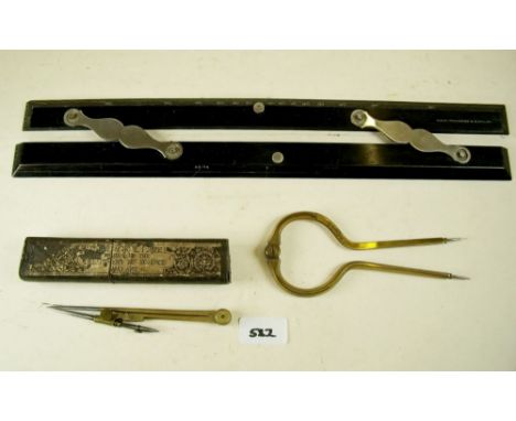 A Crooke and Troughton ebony parallelogram, a set of brass dividers and a drawing compass in a presentation box 