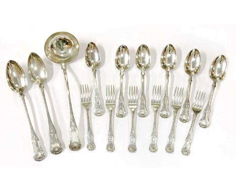 A composite set of Edinburgh silver King's pattern cutlery,single struck, comprising: six table forks, a basting spoon and so