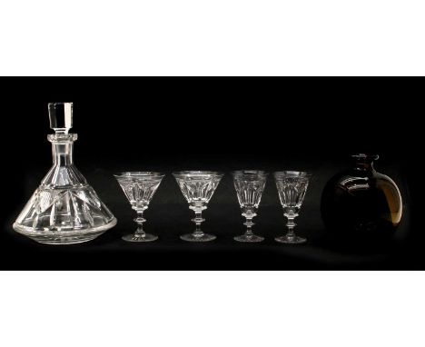 An Art Deco style 'Tudor' crystal glass decanter with four plus two glasses. Decanter 24.5cm high and a Swedish brown studio 