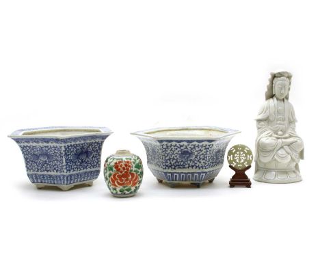 Chinese items, comprising: a blanc de chine figure, 28cm high, two hexagonal blue and white bowls, 27cm across, a Kang-shi ca