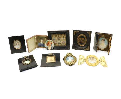 A small group of ivory portrait miniatures, to include an early 19th century example of a girl in a white dress wearing pearl