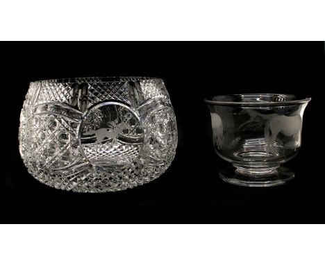 Two modern glass fruit bowls, the first beautifully engraved with horses, signed 'Anne Gilpin 2000'. 20.5cm diam., 16cm high,