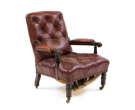 A Victorian red leather button back armchair, 96cm high, 72cm wide, 77cm deepCondition report: Both the leather and the frame