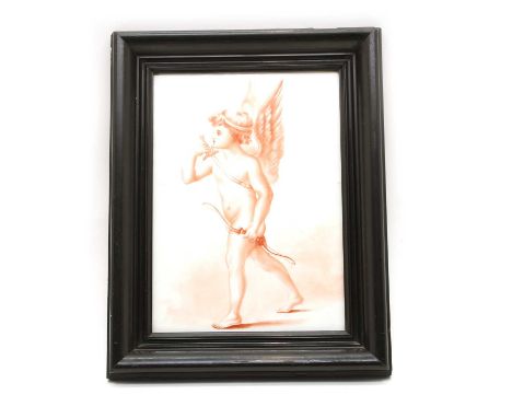 A ceramic tile, painted on both sides, one with a cupid, the other little red riding hood (unfinished) 27 x 19.5cm, and a Cop