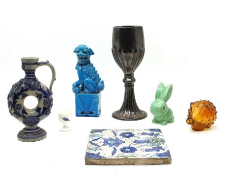 A collection of miscellaneous ceramics, comprising Sylvac bunnies, a Beswick oversized goblet no. 1799, a blue glazed Dog of 