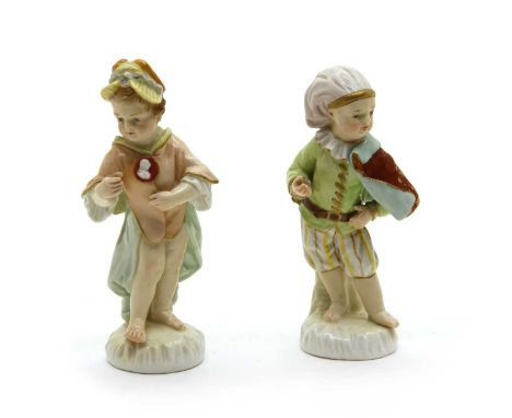 A pair of small Berlin figures, of children in costume, bases with blue trident and red KPM marks and impressed '539'. 9cm hi