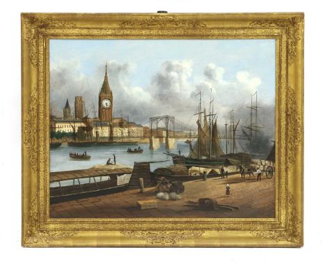 A Continental clock painting, early 19th century, the river landscape with barges and figures and timepiece to the steeple, t