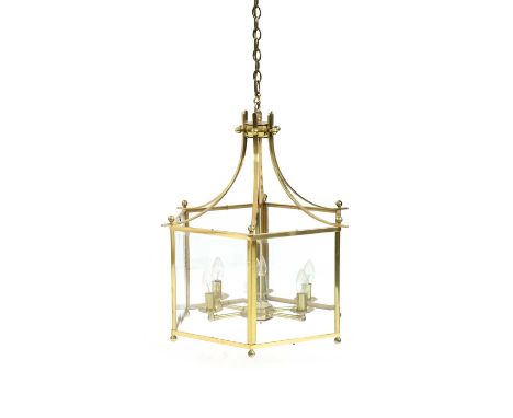 A large hexagonal brass hall lantern, 20th Century, 60cm wide, 65cm highCondition report: some oxidisation to brassDimensions