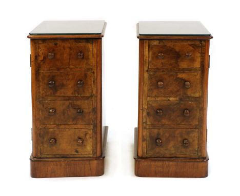 A pair of mahogany and walnut faux drawer bedside cupboards, 36cm wide, 51cm deep, 71cm high (2)Condition report: Knocked and