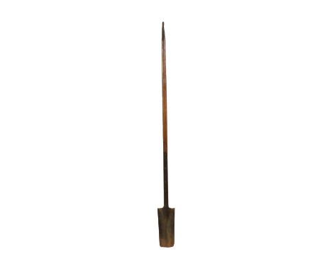 A vintage rabbiting spade, with a long shaft, narrow head, the terminal with a hook, 185cm longCondition report: Some wear th